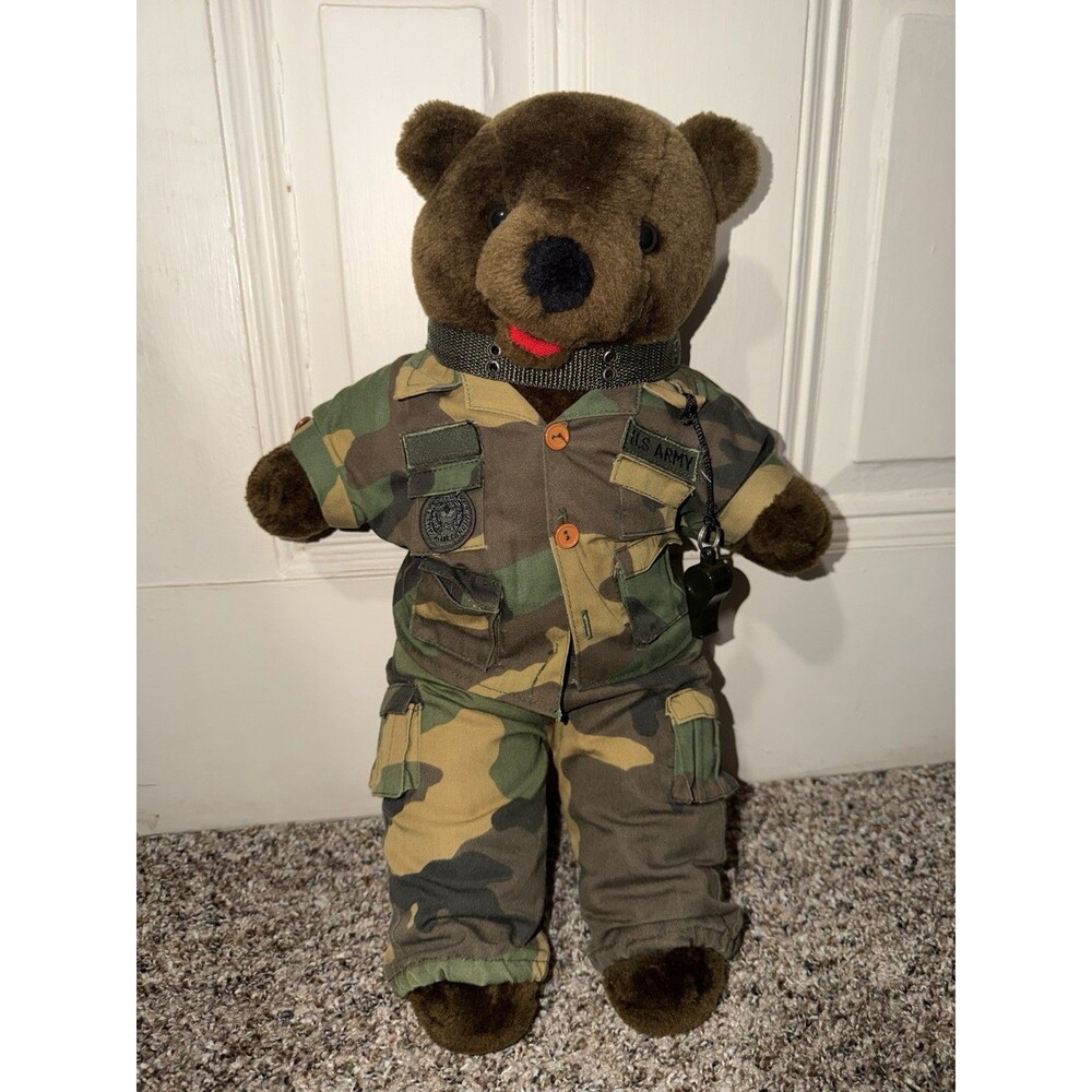 US Army Military Teddy Bear Plush Camouflage Soldier Uniform Whistle Collectible
